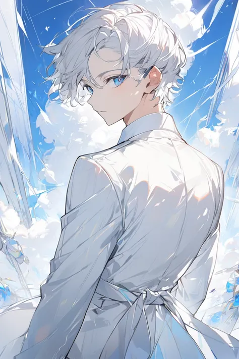  1 boy、White Hair、 Light Blue Eyes 、 short hair 、Size up to the waist、 looks back ,  Front Angle、suit