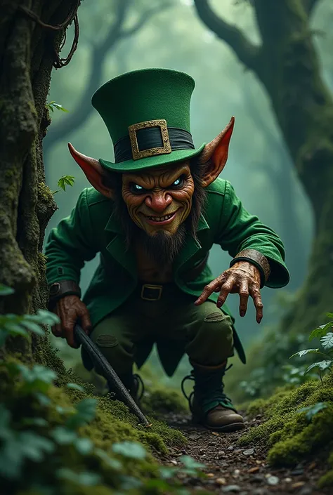 A dark leprechaun with a malicious appearance on the edge of the forest hiding some tools