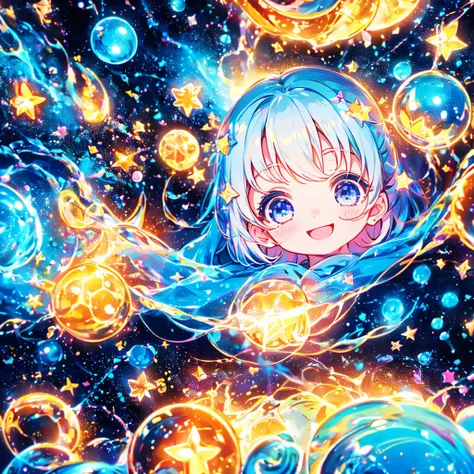 Chibi、cute、1girl, pretty face、Baby Face、((( dynamic best composition with a smile and staring at the top、 top quality、 greatest masterpiece、 super detailed、 high definition、 Perfect Anatomy)))、 black light 、 black light ボディペインティング、universe、Milky Way、star、流...