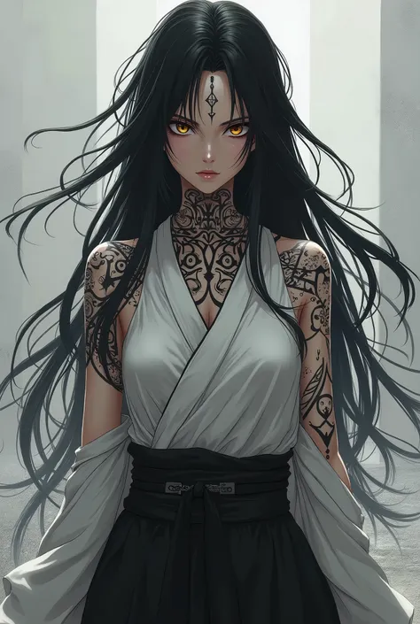 A young woman with long, loose black hair ,  with line-like tattoos on various areas of her body ,  mainly limbs and face like Ryomen Sukuna from Jujutsu Kaisen ,  wearing combat clothing comprised of a black and white dojo uniform.