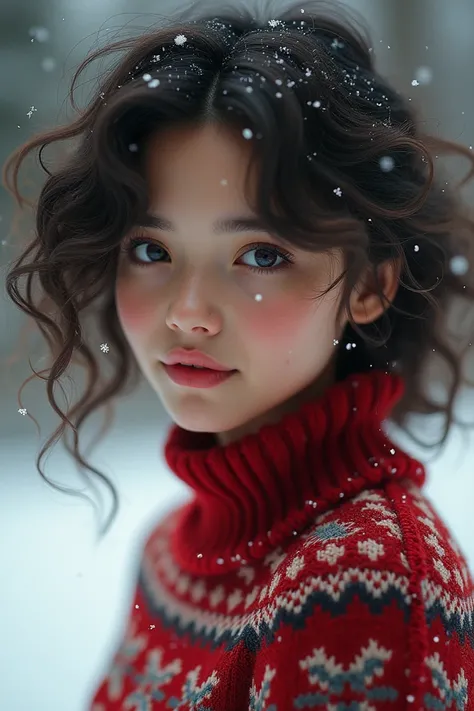 A beautiful curly-haired girl with dark eyes, wearing a Christmas sweater, winter landscape background, (best quality,4k,8k,highres,masterpiece:1.2),ultra-detailed,(realistic,photorealistic,photo-realistic:1.37),intricate details,warm lighting,soft focus,c...