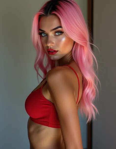 , Side shot  girl ,With tan skin , sweet face, ojos azules claros ,   sexy look ,  perfect eyebrows ,   seductive smile ,lips outlined in black,very long straight light pink hair,  wears sportswear ,  ultra vivid mega-realistic details HDR 300DPI Blush,  s...