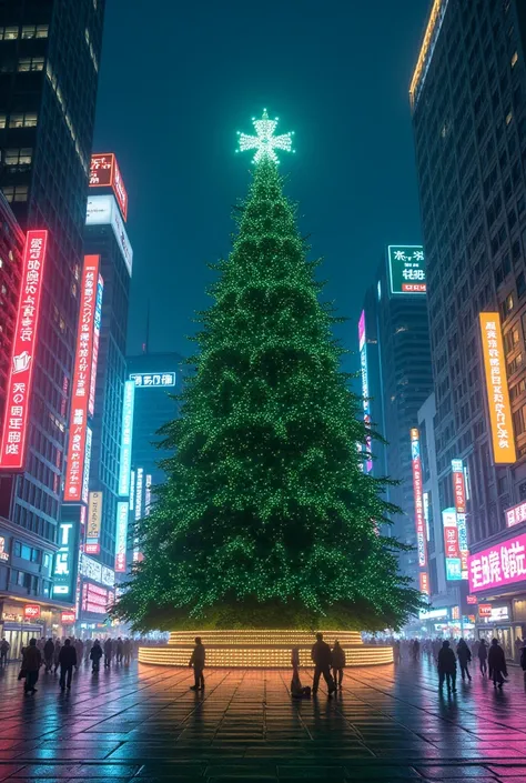 Night in Tokyo with a giant green Christmas tree and lots of neon lights around 