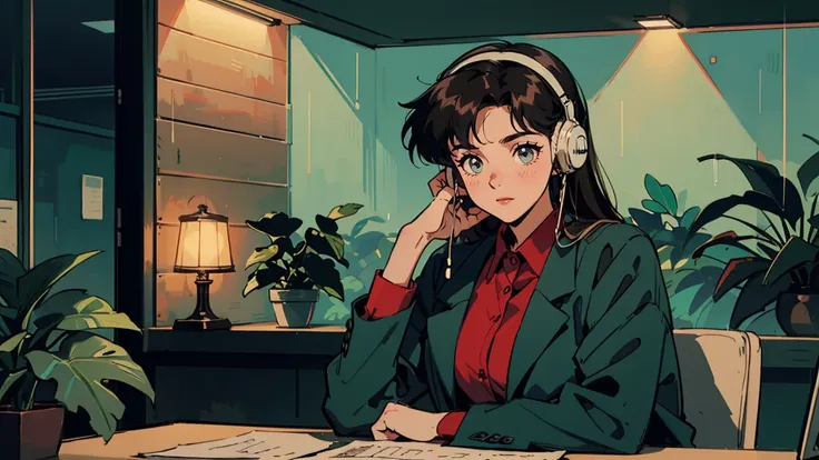 Best Quality, 8k, 1990s Style, 2010s Hairstyle , Very beautiful 21 year old girl  studying at a desk, 
 with a black cat sitting on the desk. The scene is set at night with rain gently falling outside a large window, surrounded by lush green plants visible...