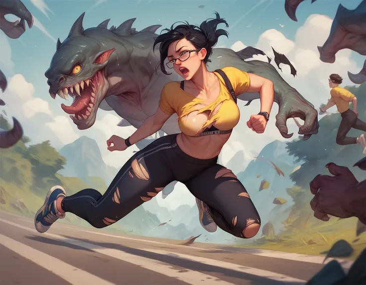 girl,  black hair ,  eyeglasses ,  yellow shirt ,  black pants ,  Torn clothes, black bra, bra sample,  running from a monster, monster after , runner, 