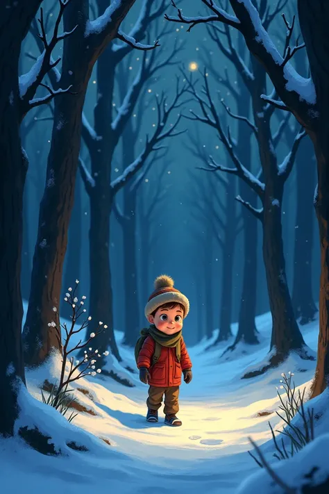 A boy in the woods at night with snow looking for something in animated version
