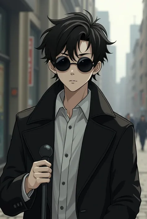 20 year old boy
White skin
Slightly long and wavy black hair 
Blind 
Blind 
Wearing round black sunglasses 
Wearing a white long-collared shirt, with a black trench coat
In his hands he has a cane for the blind.
