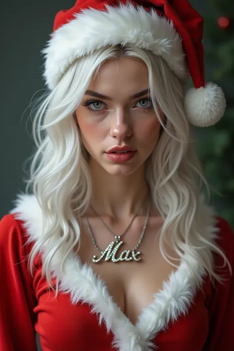 Pretty white Girl wearing a christmas custom, the hair colors is white age at 25 years old. Have a necklace name MAX. The face make it fierce