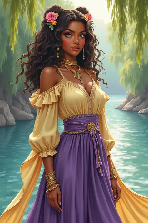 A cheerful watercolor portrait of a Bohemian woman with caramel skin and short, curly hair. She’s dressed in a pale yellow peasant blouse with puffed sleeves and a deep purple skirt that catches the wind. Behind her, a tranquil riverside scene unfolds, wit...