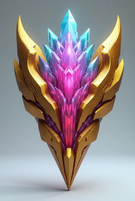 a colorful, multilayered V shaped crystal with gold metal armor on it and something that represents its a striker. 3D, Hyper real
