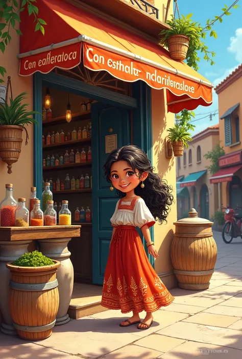 Drawing of a store called Ricon of flavors and spices and there is a younger girl in Spanish