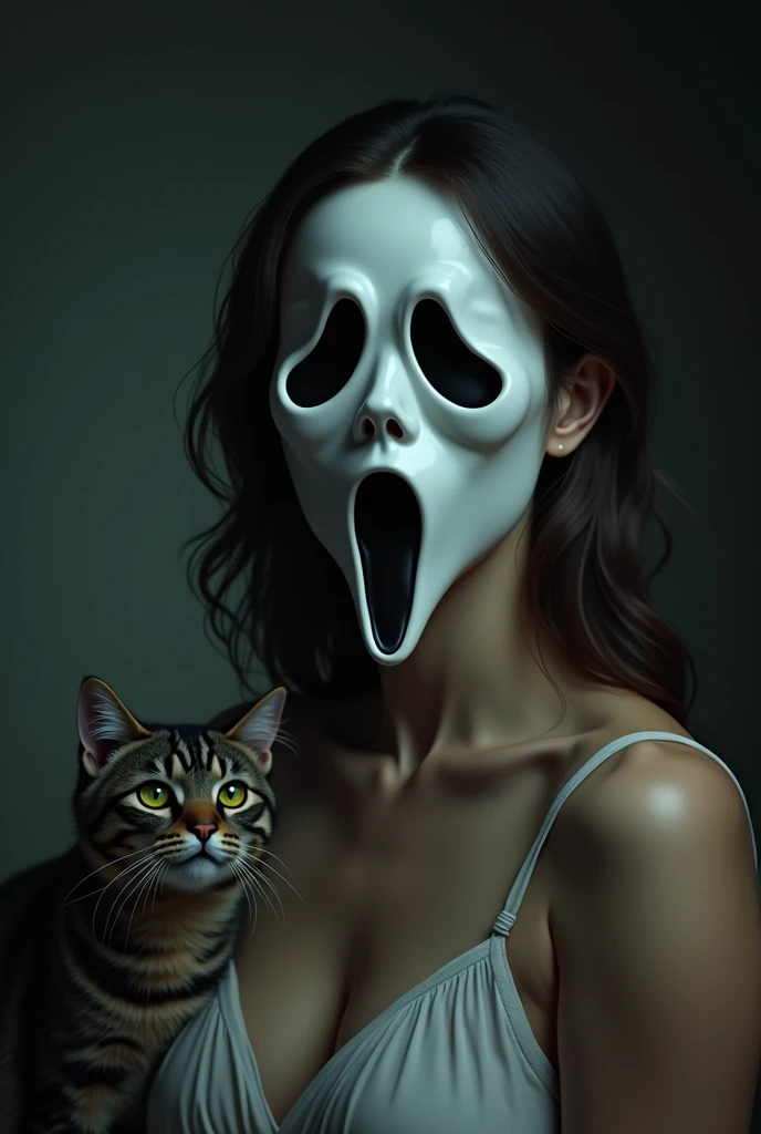 (photorealism:1.2), beautiful woman, Ghostface, cat