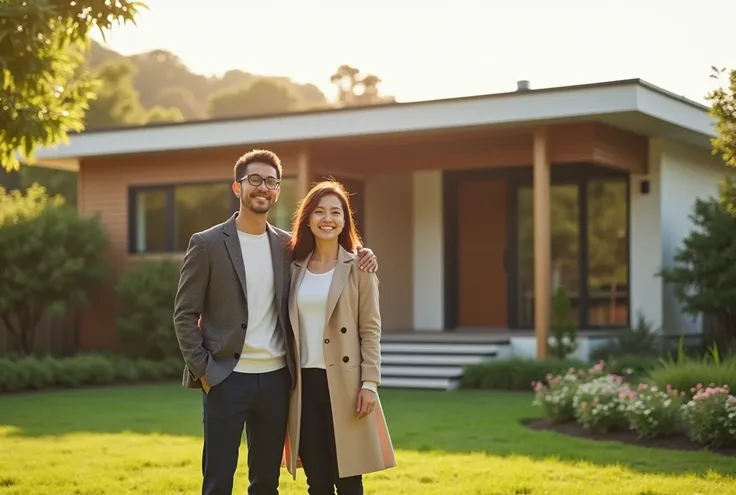 A highly realistic photograph of a Japanese couple in their early 30s standing in the beautifully landscaped garden of their newly built, stylish single-story home. The couple stands close together, with their arms around each others shoulders, smiling con...