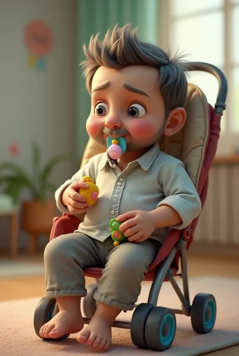 A 40-year-old middle-aged man from India sits in a stroller with a seat belt sucking on a pacifier and holding a babys toy in his hand with a little saliva on the outside of the pacifier against the background of the babys bedroom