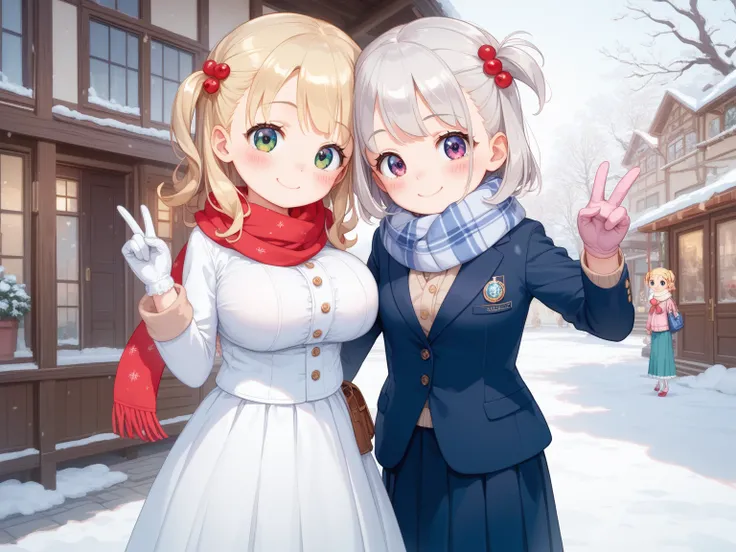 8k, accurate anatomy, greatest masterpiece、 top quality,  super high resolution, super realistic, anime style, blushes so much,smile,｛Blonde, Silver Hair,Sisters,(big breasts loli:1.2),幼気なYoung girl,幼気な,A young girl, Innocent Face ,,Young girl,Young face,G...