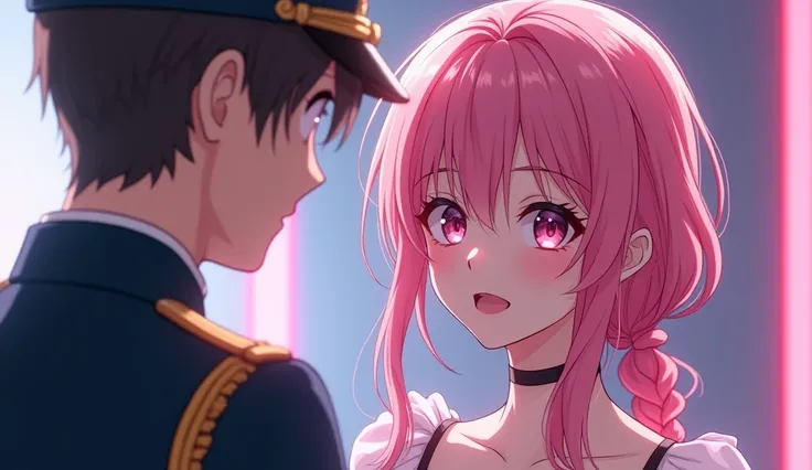 a very feminine anime character features pink hair on its eyes, 1girl, Hatsune Miku, virtual youtuber, eye focus, solo. a man on military uniform stand if front of her.