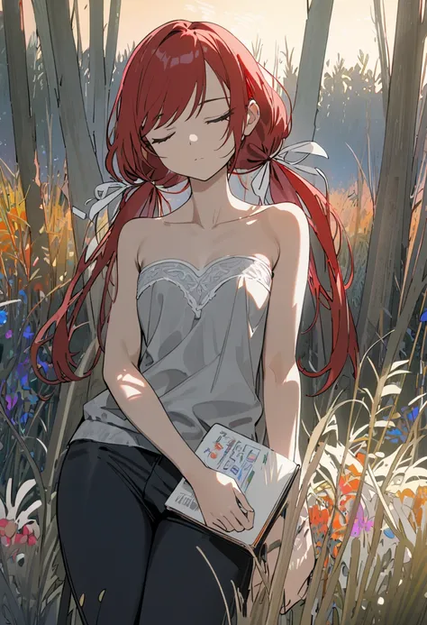 (masterpiece, best quality), 1 stoic sleeping girl, solo, leaning against willow tree, book on lap, beautiful face,  ((closed eyes, red hair, swept bangs, low twin tails)), hair ribbons, white ribbons, ((strapless gray shirt, sleeveless with with white tri...