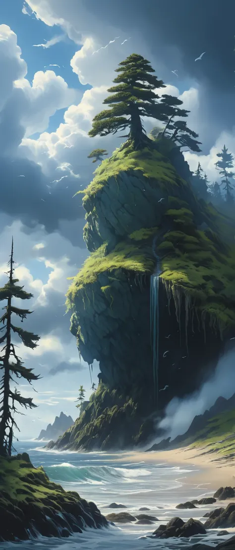  High mountain plateau ,  A sprawling cedar grows on the plateau.  A huge sea creature covered with scales and moss and trees on its back with fins on its head and an elongated fish face with long straight legs with many thin tentacles and 4 fins on its he...