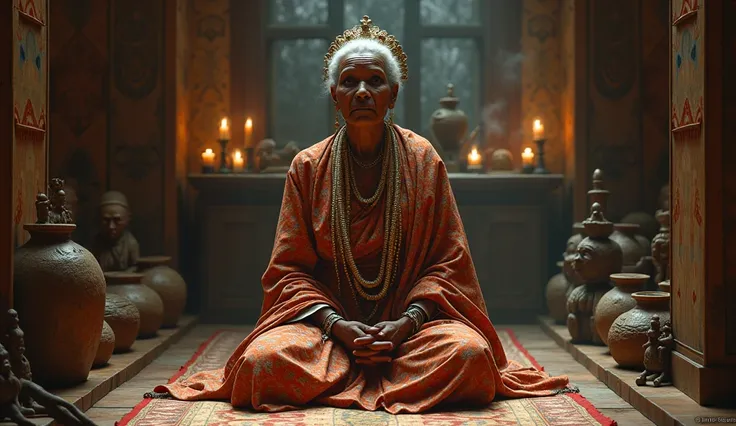 An elderly African queen in traditional attire kneeling before a mystical altar, her room filled with symbols of ancestry and wisdom