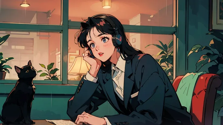 Best Quality, 8k, 1990s Style, 2010s Hairstyle , Very beautiful 21 year old girl  studying at a desk, 
 with a black cat sitting on the desk. The scene is set at night with rain gently falling outside a large window, surrounded by lush green plants visible...