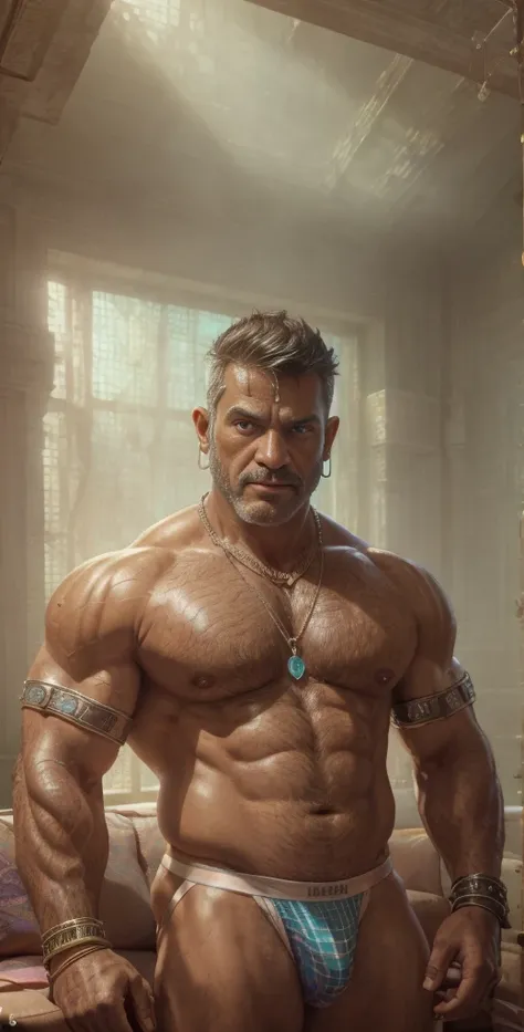 photo of muscular (81y.o old elder indian pajeet) in a worn ((skin-revealing armbands, wristbands, sci-fi, massive chain tag necklace, transparent jockstrap, mixed up with glasstech:1.2)), big pecs, big arms, large bulge, ((light bokeh)), intricate, (steel...