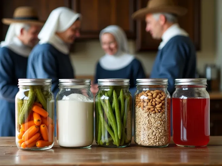 A cinematic, documentary-style scene focusing on a wooden table adorned with six glass jars, each sealed with airtight lids. The jars contain colorful pickled vegetables, white flour, green beans, almonds, rolled oats, and bright red strawberry jam. Each j...