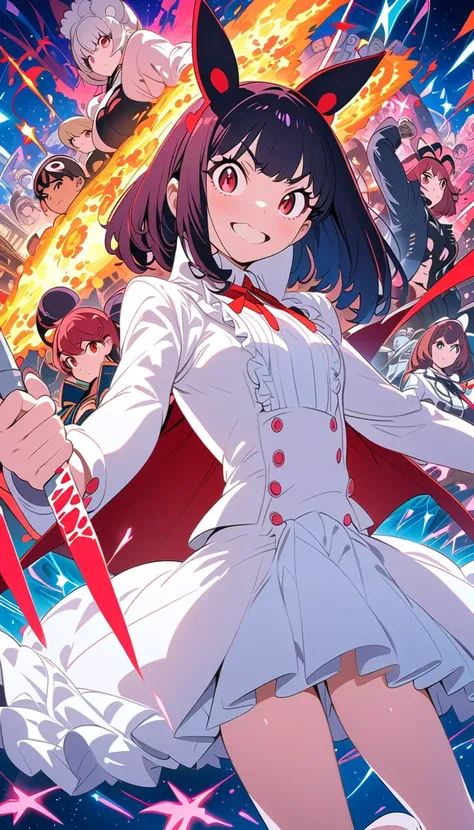 Photos of several people in the air , mamoru hosoda, Burning, Illustrations for Kill la Kill,   Krenz Kashart and Usher Duran wearing a white coat and blouse ,  detailed anime vagina  ,  anime cover ,  trending anime artwork inspired by Yumihiko Amano , An...