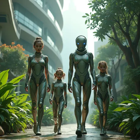 cinematic photograph of a man, a woman and two girls all Caucasian in futuristic cyber suits, on a street in an ecopunk city with buildings with many curves and glass, many trees and plants