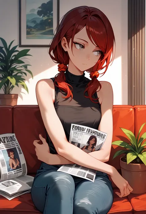 (masterpiece, best quality), solo, 1 expressionless girl, looking to the side, hand on own arm, beautiful face,  ((Gray eyes, Dark red hair, swept bangs, low twin tails)), hair scrunchie, ((transparent black sleeveless shirt, black jeans)), small breasts, ...