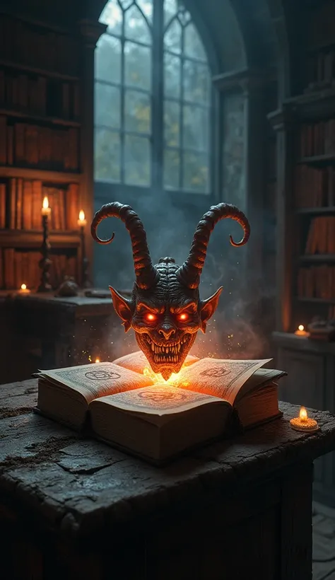 An open, ancient, and forbidden book, its pages glowing faintly as a grotesque demons face emerges, blending horrifying features like sharp teeth and glowing red eyes. The book rests on a decayed wooden table in a dark, eerie room filled with flickering ca...