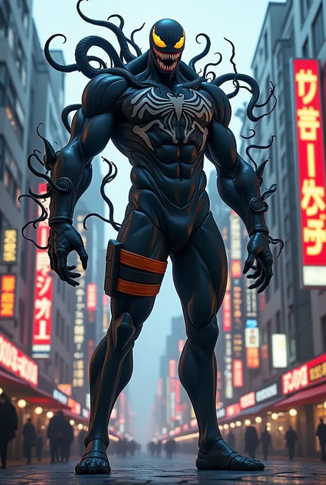 Create an image of the fusion of Venon and Naruto on the streets of Tokyo