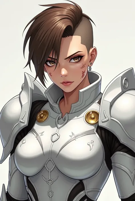 Woman with short brown hair and brown eyes who looks somewhat manly with multiple scars and white anime-style armor 