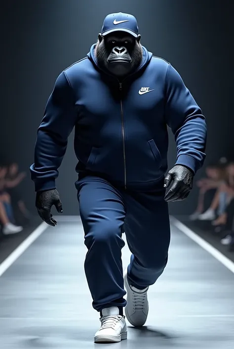 gorilla in navy blue sportswear with Noke cap and sneakers walking down the fashion runway 