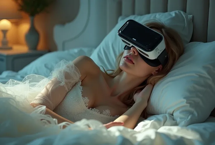  Honeymoon alone in a virtual space 、 A girl wearing VR goggles is sleeping in bed 、 Sexy white tulle wedding dress and veil、 and a cancelled honeymoon brochure beside it、A two-shot photo with a torn lover 、Focus on brochures and photos、 Tears of Sadness f...