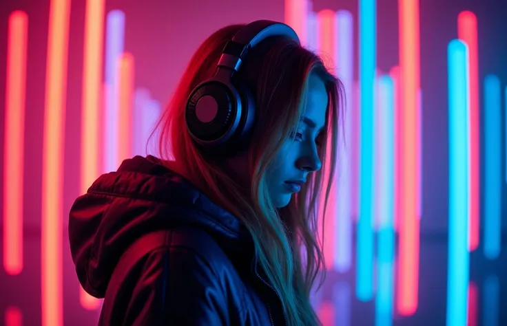 a woman wearing headphones and a jacket in a neon photo, headphones dj rave, girl wearing headphones, cyberpunk vibrant colors, neon cyberpunk vibrant colors, hq 4k phone wallpaper, phone wallpaper hd, high quality wallpaper, headphones, digital artwork 4 ...