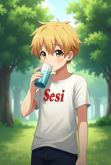 a boy, white skin, dark blond hair, brown eyes, wears a white t-shirt with the name of the SESI school in red, black pants, drinking water, park background with trees