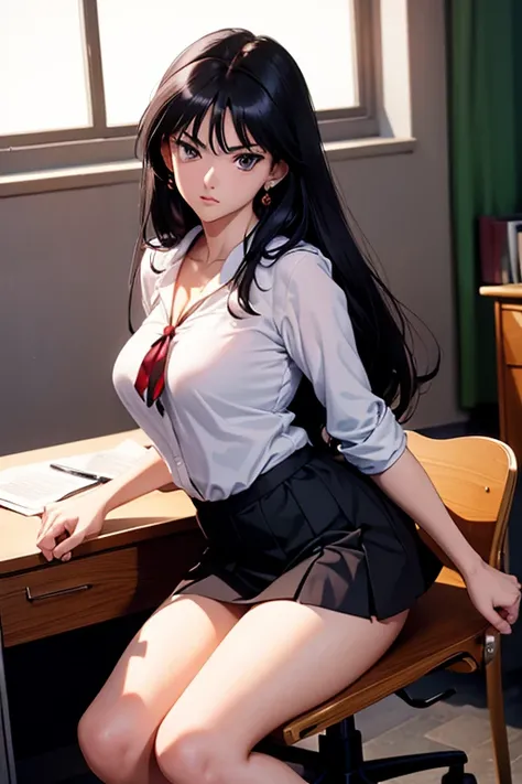 Serious and professional woman.. rei hino,  short black skirt , sitting, ,white neckline blouse,  legs wide open at the desk, showing her lace thong  
