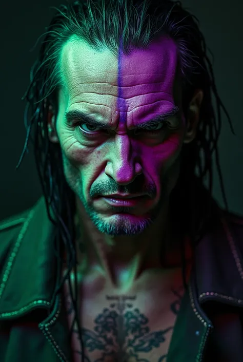 cyberpunk. man, late 40s. thin long hair down to his neck, coloured green on the left and purple on the right. slimy face. wicked. evil. deep shadows around the eyes. tattoos. piercings. dangerous. horror. dark background. well-built. scars. thin skin. wea...