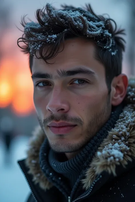 close up face portrait, detailed of Chico Lachowski, epic (photo, sony a7, 50 mm, matte skin, pores, colors, hyperdetailed, hyper-realistic), (heis standing outside durign the winter, snowy, festive lights far off in the distance, beautiful sunset, grey:1....