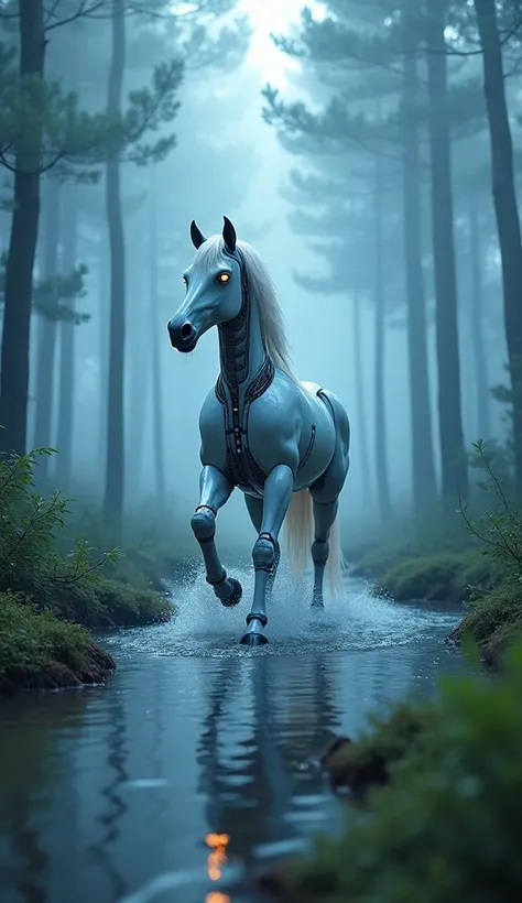 "In a futuristic forest bathed in ethereal blue light, a majestic robotic horse strides confidently through a shallow stream. The horses sleek, white metallic body gleams under the soft light, revealing intricate mechanical details and glowing amber eyes. ...