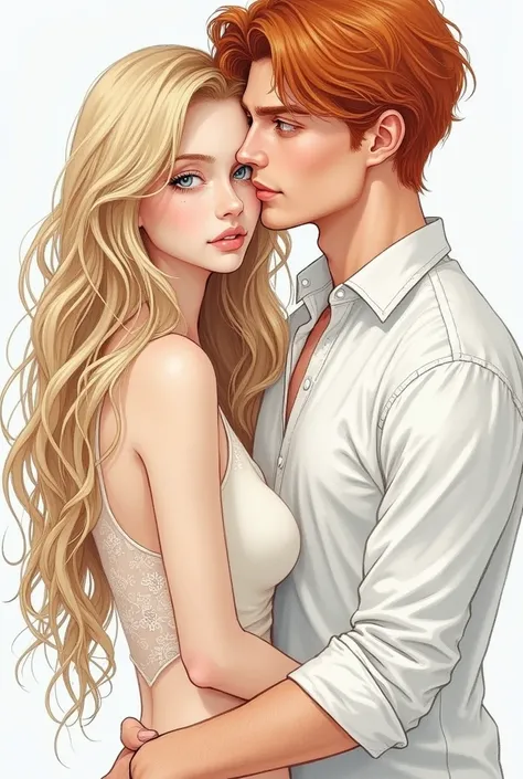 ( masterpiece,  better quality ,  High resolution: 1.4) Drawing, Detailed,  INTRICATE DETAILS , 4k, touch of color, Line art, high detail. Detail. Cuddled couple. (Person 1)  Young adult very light blonde wavy hair,  long hair ,  very thin body , grayish b...