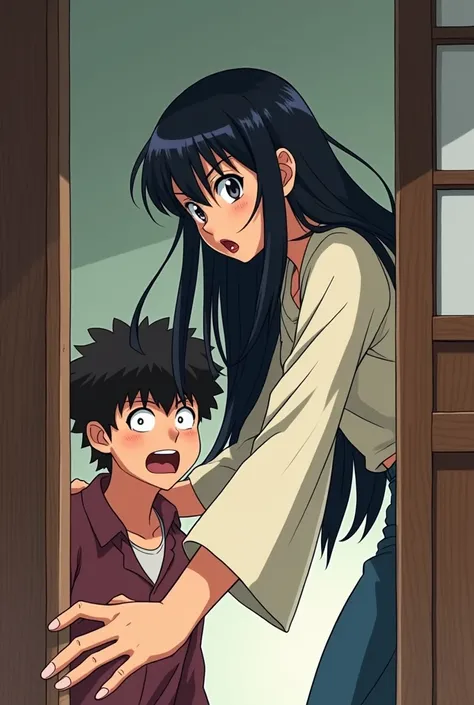  I want an anime-shaped image  (cute 2D cartoon )  with one with long, straight black hair , Japanese,  opening a sliding door with such force and a boy,  with curly hair,  sitting startled by the sound of the door 