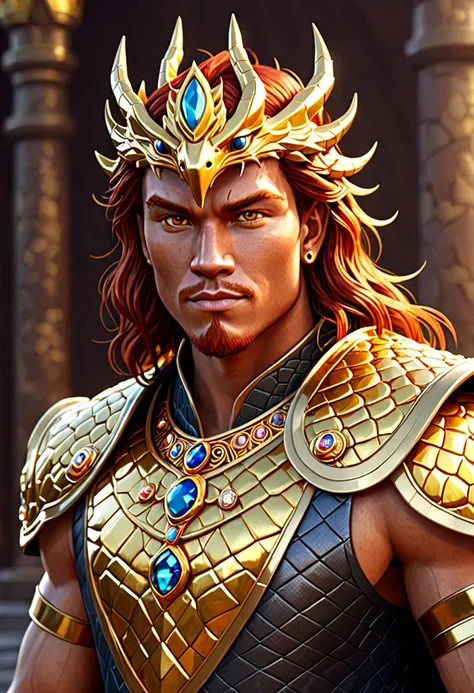 Create a Dragon King with these characteristics.

1st: 30-year-old man, young man. Square face, face similar to Rúrik Gíslason without a beard, (a perfect face: 1.3), red hair with bangs, ((yellow eyes, like a dragon 1.5)), pointy ear.
2nd: Strong body, ex...