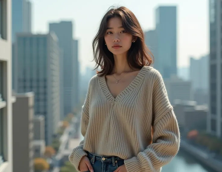 An ultra detailed photo of a 22 years old brunette girl, with mid-short loose hair, natural beauty, calm expression, strong body and medium brest, wearing a wool sweter and jeans, modern city skyline in the background. Ethernal vibe. No jewelry, no makeup.