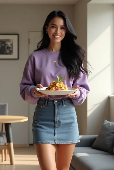  A beautiful woman with long black hair and a radiant face carries a luxurious dish in her hands. She is dressed in red tight casual clothes ,  such as a tight purple sweatshirt and blue jeans skirt Nike sports shoes .  The woman stands in a minimalist liv...