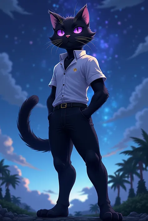 A furry cat wearing a black coat    ,   with purple eyes and being thin ,  tall and masculine and with paws and wearing a white shirt with a small moon symbol on the shirt and wearing black pants and with the hair tied at the side
Sure,  and it is in a sta...