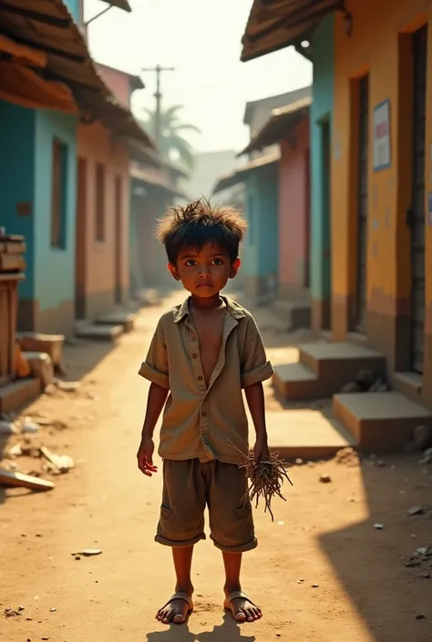 A detailed description of a  poor boy in India:

"A  boy with a thin frame and dusty, unkempt black hair stands on a narrow, bustling street in a rural Indian village. His simple, worn-out clothes consist of a torn shirt and faded shorts. His bare feet are...