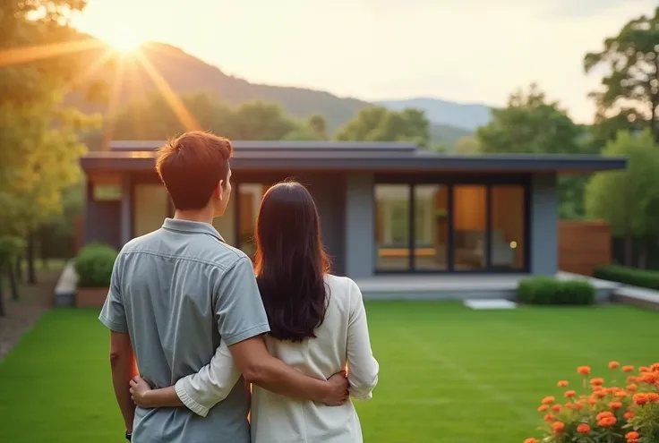  highly realistic photograph of a Japanese couple in their early 30s standing in the beautifully landscaped garden of their newly built, stylish single-story home. The couple stands close together, with their arms around each others shoulders, smiling cont...