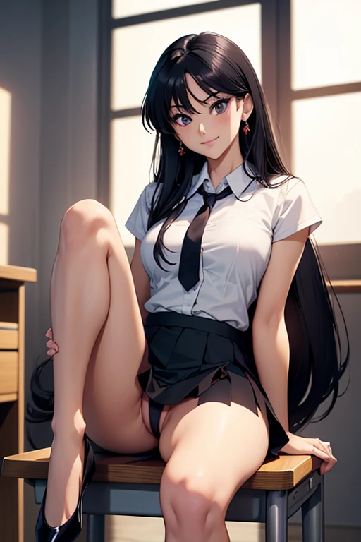 Serious and professional woman.. rei hino, short black skirt tied , sitting, ,white neckline blouse,  legs wide open at the desk, showing her lace thong , smile,  pulls up her skirt to show her ass