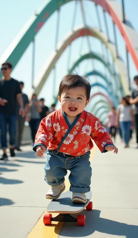 A small 3-month-old Japanese baby is enjoying skateboarding on the Rainbow Bridge　 high definition 、 top quality、 real　 realな写真　8k　Adults are cheering all around 